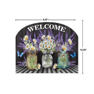 Lavender and daisies acrylic art sign with welcome text and mason jars on black and white checkered background.