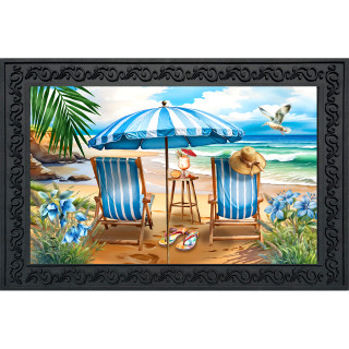 Beach Chairs Doormat with blue and white striped chairs, umbrella, and beach scenery design.