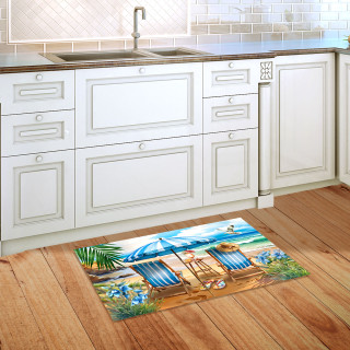 Beach Chairs Doormat on wooden floor in front of white kitchen cabinets and sink area.