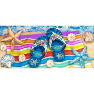 Blue Flip Flop Haven Mini Mat with starfish, seashells on colorful beach towel background.