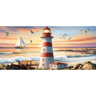 Lighthouse At Sunset Mini Mat, red and white striped lighthouse with seagulls and sailboat at sunset.