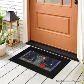 Black American Watering Can Mini doormat with colorful floral design on front porch with door.