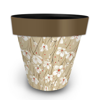 Tan and red floral large planter with white flowers and brown rim on a white background.