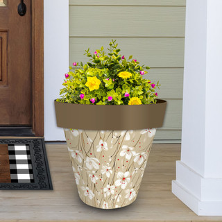Tan and Red Floral Large Planter with brown top and white flowers on beige background.