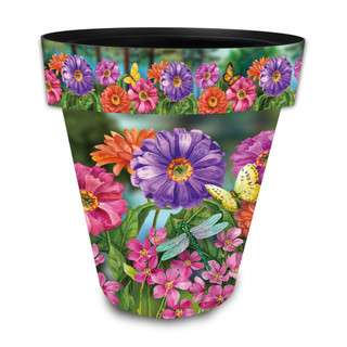 Zinnias in Bloom Large Planter with colorful flowers, green leaves, and insects on a white background.