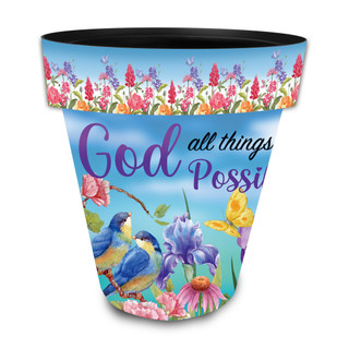 Large planter with floral design, birds, and inspirational quote on a blue background, With God.