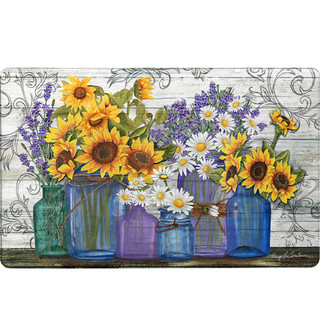 Rustic Sunflowers Comfort Mat with colorful sunflowers and daisies in glass jars on a wood background.