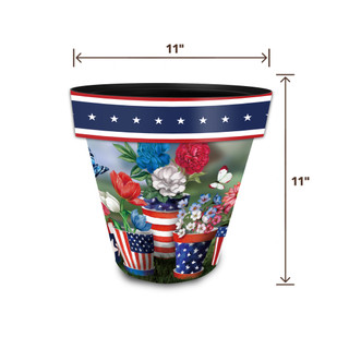 American Bloom Medium Planter, 11 inches tall and wide, patriotic floral design, red white blue.