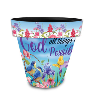 With God Medium Planter, colorful floral design, blue background, inspirational quote, and vibrant birds depicted.