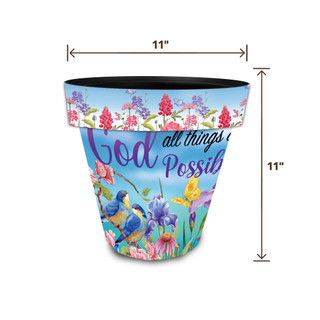 With God Medium Planter, 11" tall, colorful floral design with inspirational quote and vibrant bird.