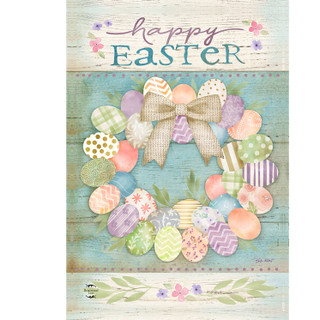 Pastel Easter Wreath House Flag with colorful eggs and bow on a blue background with happy Easter text.