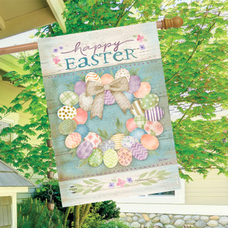 Pastel Easter Wreath House Flag with colorful eggs, bow, and Happy Easter text on wood background.