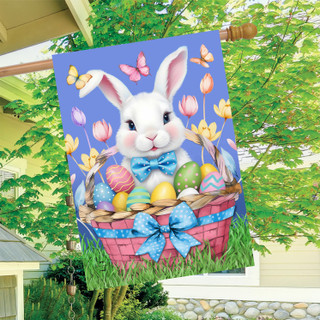 Easter Bunny Basket House Flag with white bunny, colorful eggs, and blue bow on pink basket.