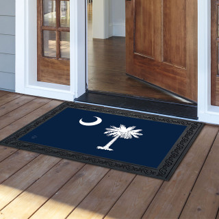 South Carolina Palm Tree Doormat with crescent moon design on navy blue background with brown border.