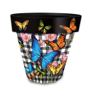 Medium Checkered Butterflies Planter with colorful butterflies and flowers on black and white gingham background.