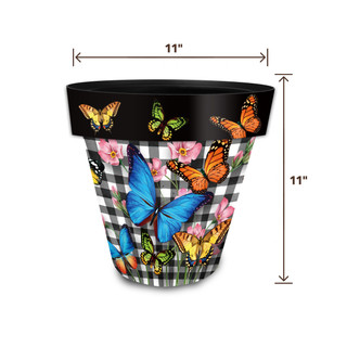 Checkered Butterflies Medium Planter, 11x11 inches, colorful butterflies and flowers on black and white checkered.