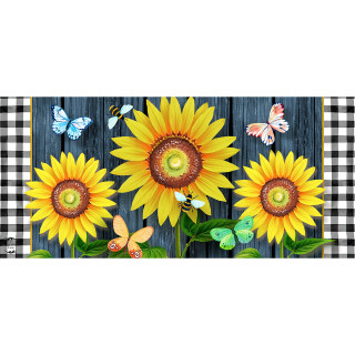 Blooming Sunflowers Mini Mats with colorful butterflies on a blue wooden and checkered background design.