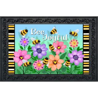 Busy Bees Doormat with colorful flowers and bees on a black background with yellow stripes.