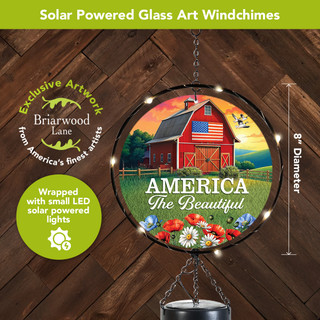 American Barn Illuminated Wind Chime, solar powered glass art with LED lights, red barn design.