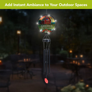 American Barn Illuminated Wind Chime with colorful design and lights, red accents, and metal construction.