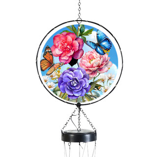 Butterflies and Peonies Illuminated Wind Chime with colorful flowers, butterflies and solar light catcher.