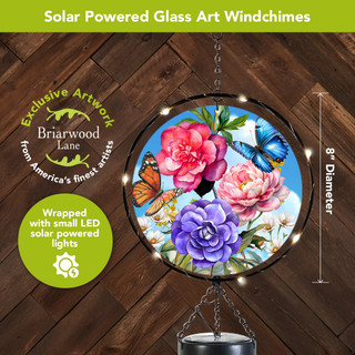Butterflies and Peonies Illuminated Wind Chime with colorful flowers, butterflies, and solar powered LED lights.