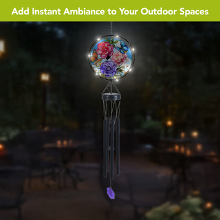 Butterflies and Peonies Illuminated Wind Chime with colorful flowers and butterflies, shining lights, purple accents.