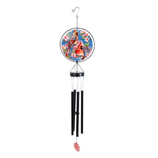 Cherry Blossom Cardinal Illuminated Wind Chime with colorful design and black tubes on white background.