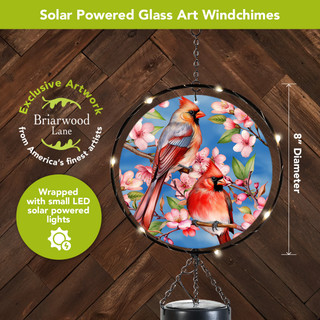 Cherry Blossom Cardinal Illuminated Wind Chime, 8" diameter, solar powered LED lights on glass art.