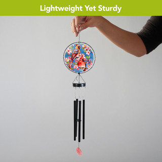 Cherry Blossom Cardinal Illuminated Wind Chime with colorful blossoms and black tubes and pink pendant.