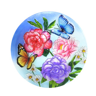 Butterflies and Peonies Glass Birdbath with colorful flowers and butterflies design on a blue background.