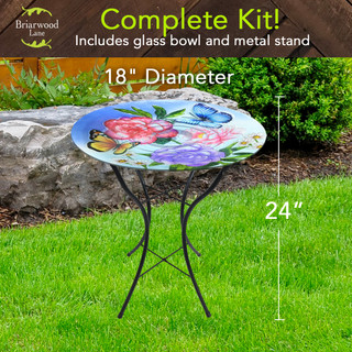 Butterflies and Peonies Glass Birdbath with metal stand, 18" diameter, colorful floral design on glass top.