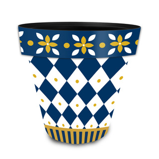 Blue and Gold Medium Planter with argyle pattern and floral design on white background.