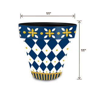 Blue and Gold Medium Planter, 11" tall, blue, gold, and white argyle and floral design.