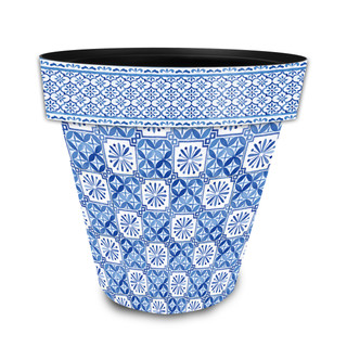 Mediterranean Medium Planter, blue and white geometric patterned ceramic pot with floral designs and wide mouth.
