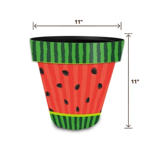 Watermelon Medium Planter, red with green stripes and black seeds, 11 inches wide and tall.