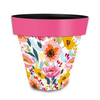 Vibrant Blooms medium planter with pink rim and colorful floral design on white background.