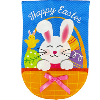Basket Bunny Burlap House Flag with Easter bunny and chick in orange basket with pink bow.