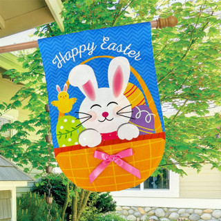 Burlap house flag with white bunny in orange basket, pink bow, and Happy Easter text.