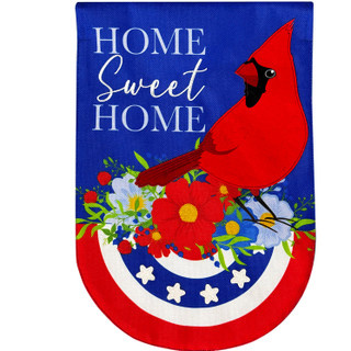 Red cardinal on floral arrangement with "Home Sweet Home" text on blue burlap house flag.
