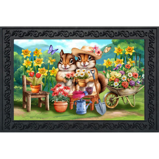 Springtime Chipmunks Doormat with colorful flowers, gardening tools and two chipmunks in a garden scene.