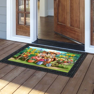 Springtime Chipmunks Doormat with colorful floral design and chipmunks on green background with black border.