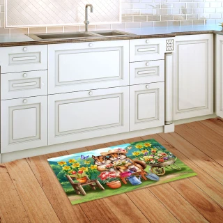 Springtime Chipmunks Doormat on wooden floor beside white kitchen cabinets with colorful cartoon chipmunk design.