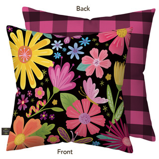 Spring Fling Indoor/Outdoor Pillow, floral design on black background with pink, yellow, orange flowers, purple plaid back.