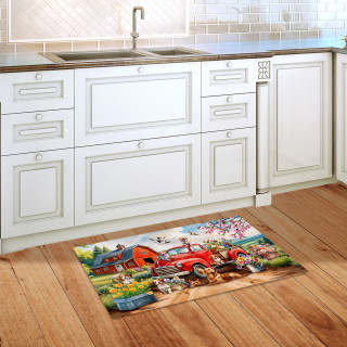 Farm Pups Doormat on wooden floor in front of white kitchen cabinets and sink area.