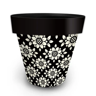 Black Geometric Floral Large Planter with white flowers and wide rim, plain interior.