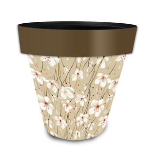 Tan and red floral medium planter with white flowers and brown rim on a white background.