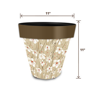 Tan and Red Floral Medium Planter, 11 inches tall and wide, brown rim, white flowers.