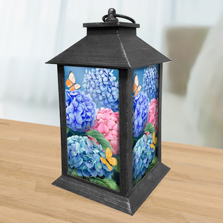 Colorful Hydrangeas Lantern with black frame, blue and pink hydrangeas and butterflies design on sides.