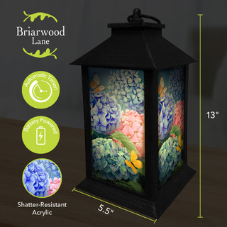 Briarwood Lane Colorful Hydrangeas Lantern, black metal, shatter-resistant acrylic panels, colorful hydrangea design, 5.5 x 13 inches.